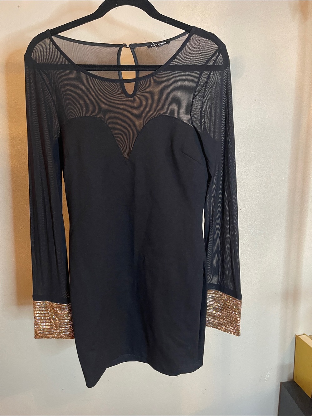 Fashion Nova Black Mesh Mini Dress with Gold Beaded Cuffs